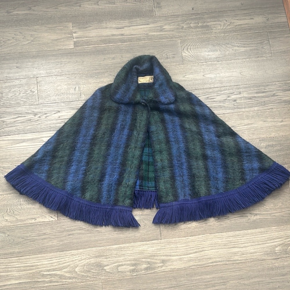 Fraser Cameron | Blue and Green Plaid Wool Cape with Fringe / Mohair and Wool